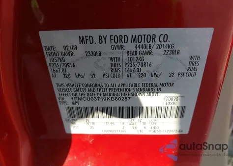 2009 Ford Escape Xlt z USA, uszkodzony, nr VIN 1FMCU03719KB80287